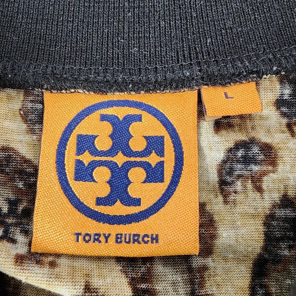 Tory Burch Leopard Print Silk Wool Embellished Tie Neck Top Black Brown Large